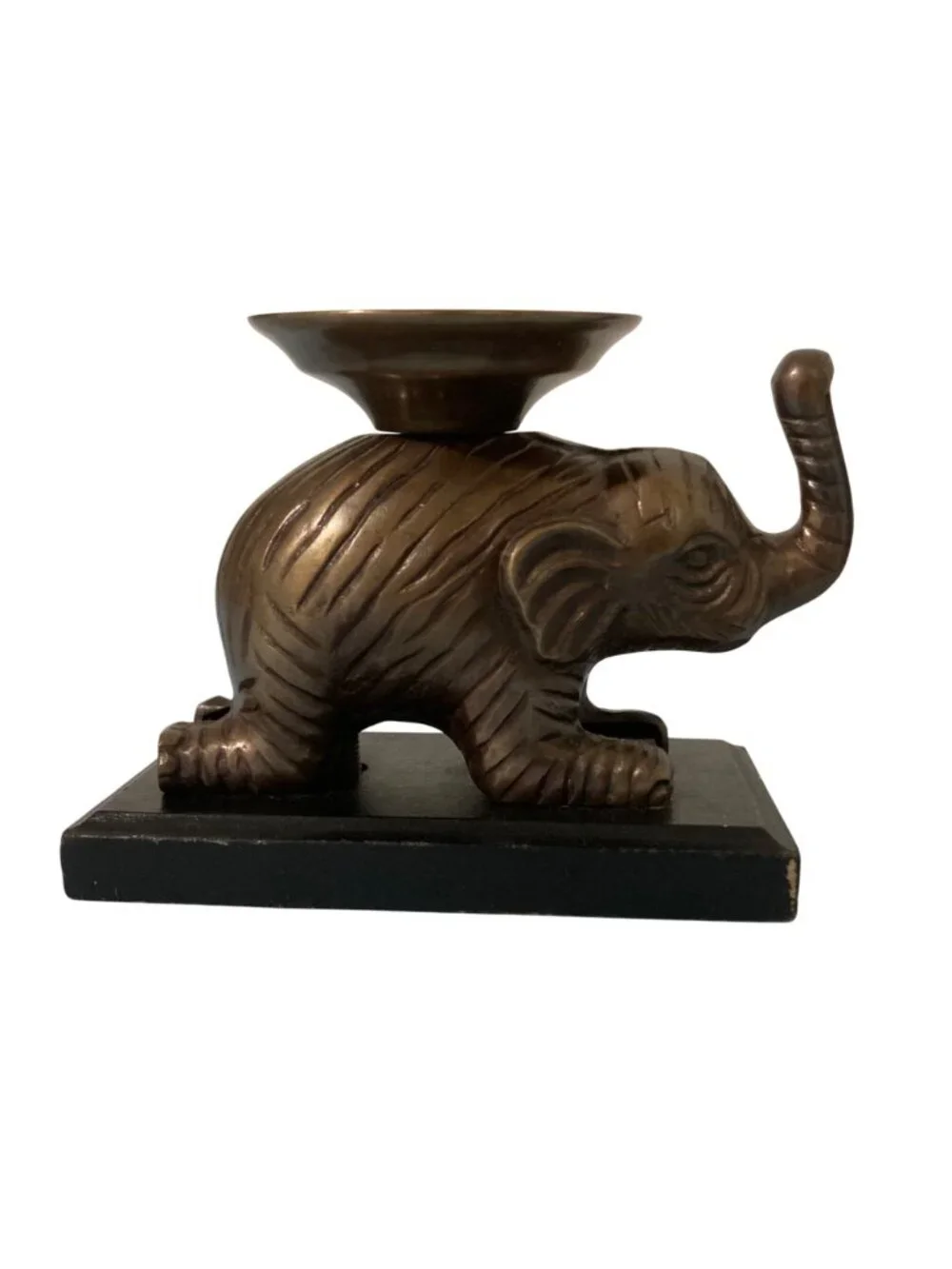 Vintage Elephant Candle Holder Statue On Wooden Base